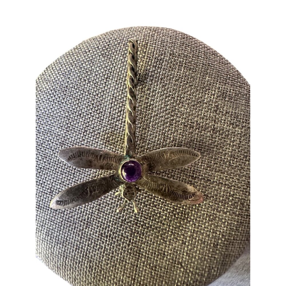 Vintage Sterling Silver Dragonfly Brooch With Amethyst Accent 4g